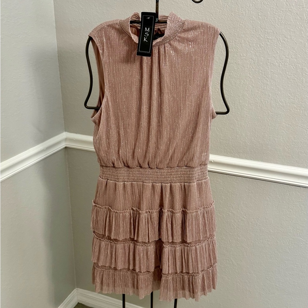 MSK Women's Shimmering Sleeveless Tiered Dress - Rose Gold